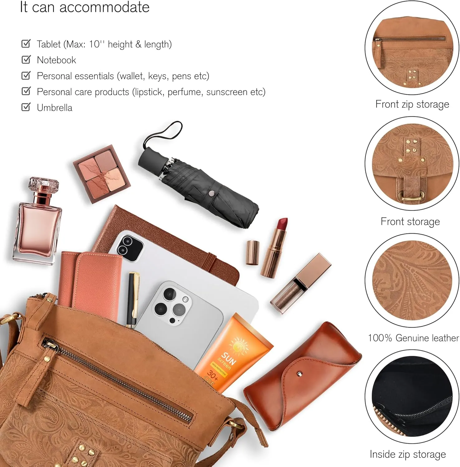 Oak Leathers Leather Crossbody Bag For Women With Adjustable Sling Strap - Medium Size Crossover Shoulder Handbag Purse