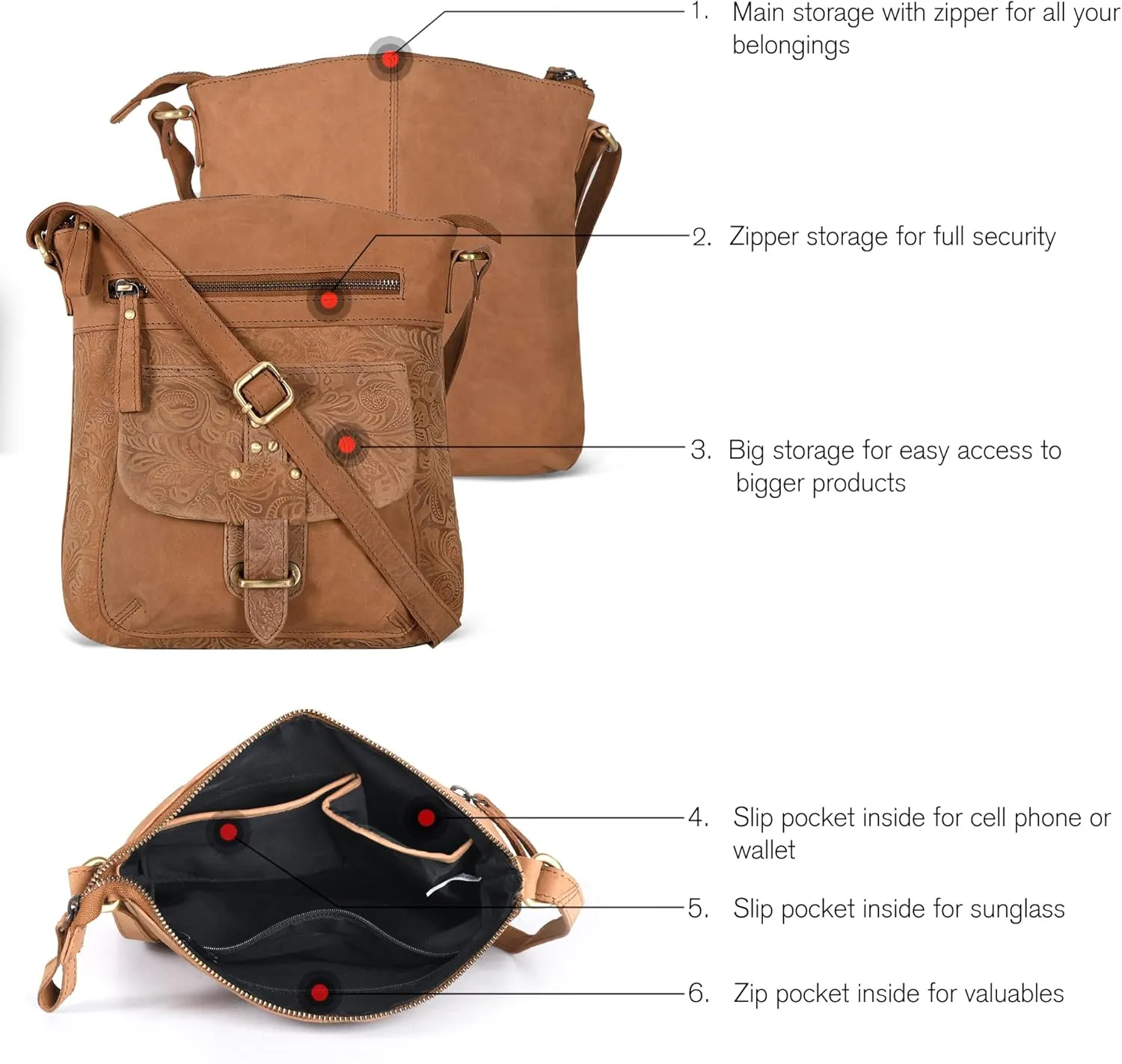 Oak Leathers Leather Crossbody Bag For Women With Adjustable Sling Strap - Medium Size Crossover Shoulder Handbag Purse