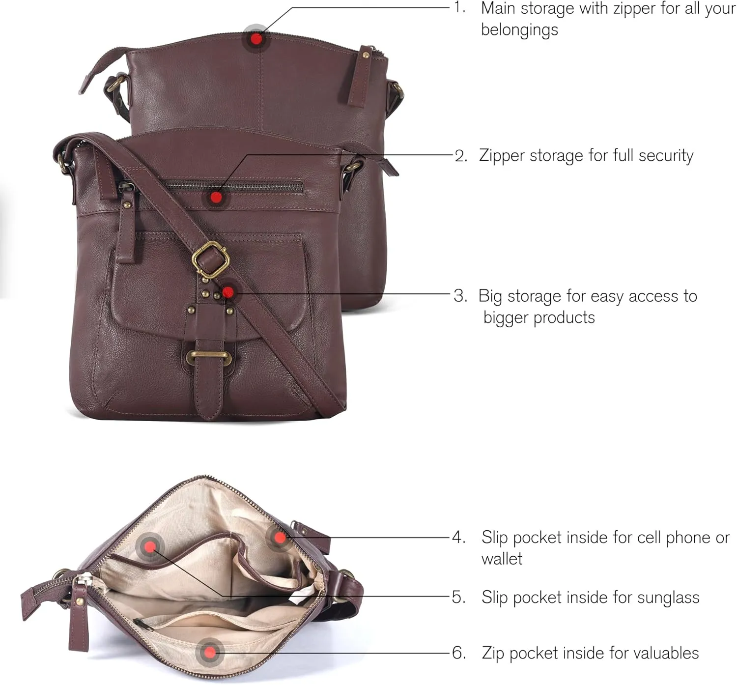 Oak Leathers Leather Crossbody Bag For Women With Adjustable Sling Strap - Medium Size Crossover Shoulder Handbag Purse