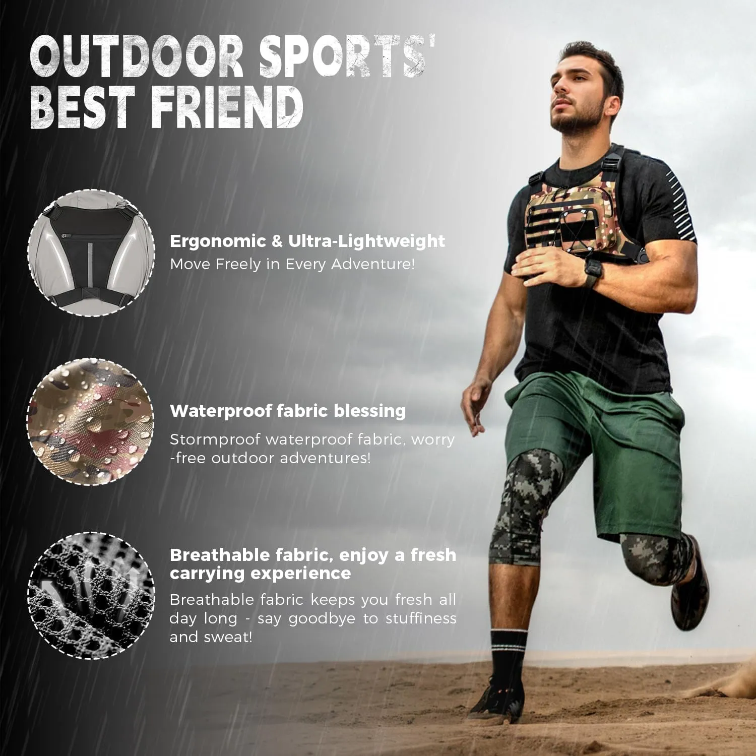 Outdoor Sports Chest Bag for Men, Chest Vest Holster Fits Most Pistols, EDC Travel Chest Pack for Running, Hiking