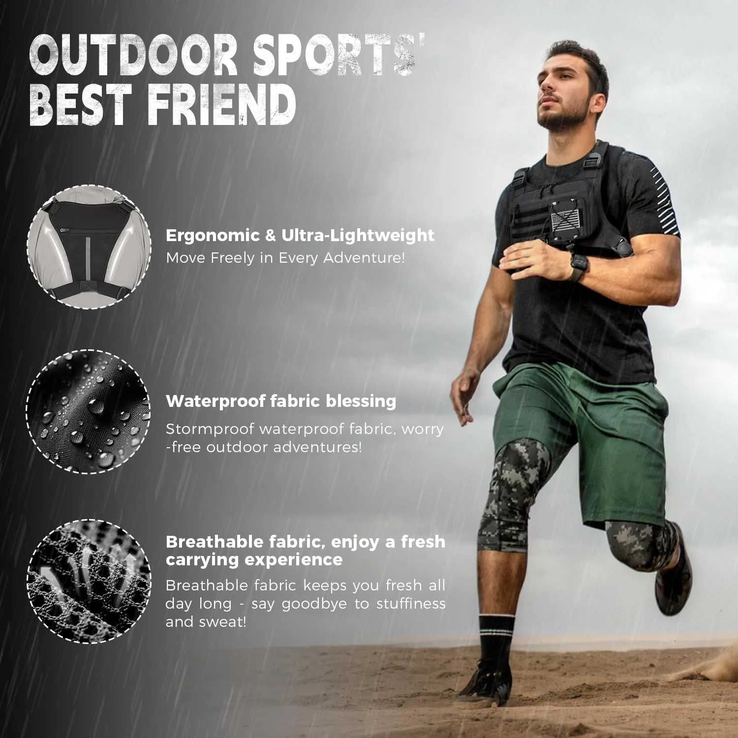 Outdoor Sports Chest Bag for Men, Chest Vest Holster Fits Most Pistols, EDC Travel Chest Pack for Running, Hiking