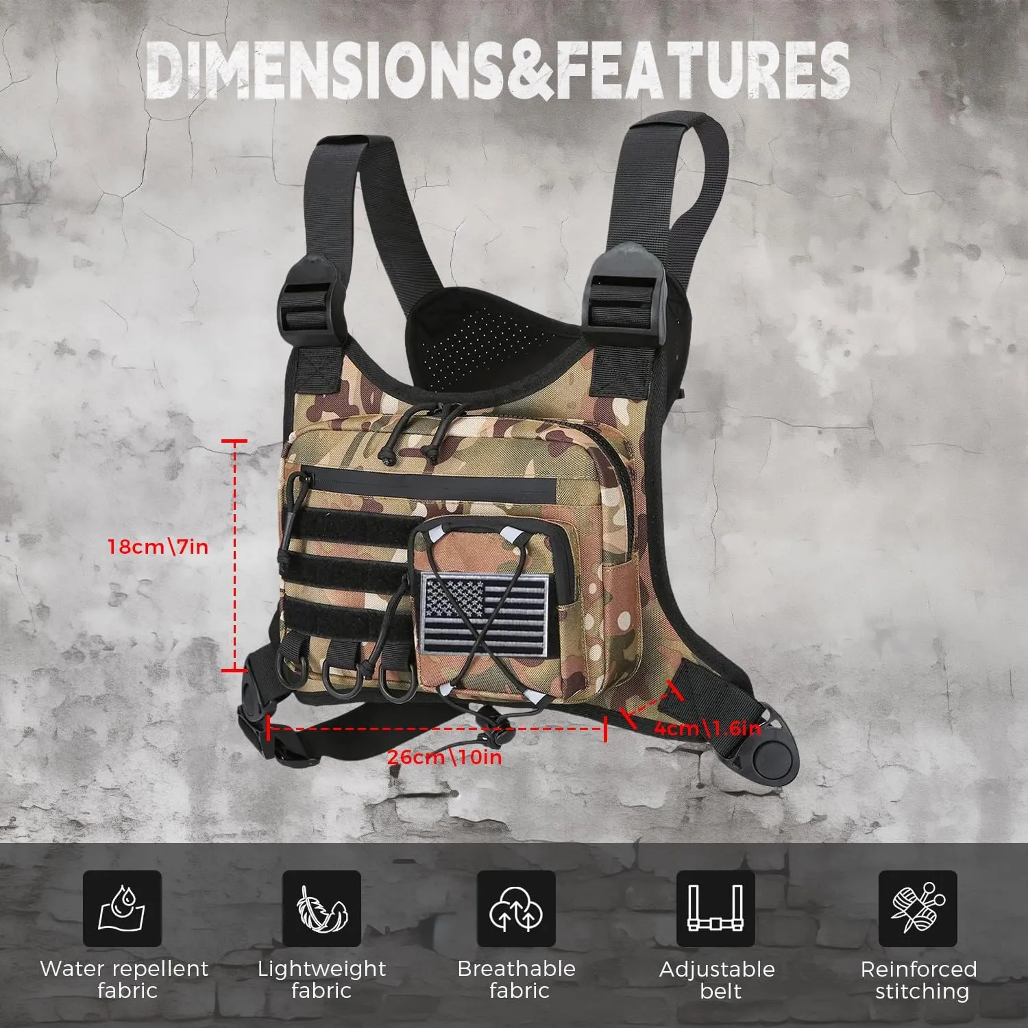 Outdoor Sports Chest Bag for Men, Chest Vest Holster Fits Most Pistols, EDC Travel Chest Pack for Running, Hiking