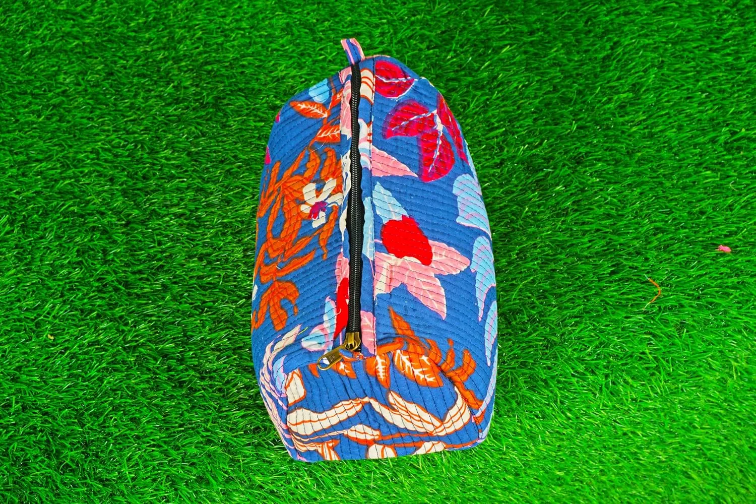 Pieces Indian Handmade Cotton Quilted Handmade Floral Hand Block Print Toiletry Bag,Cosmetic Pouch Bag Makeup Bag For Women (1, Blue Printed), 85485