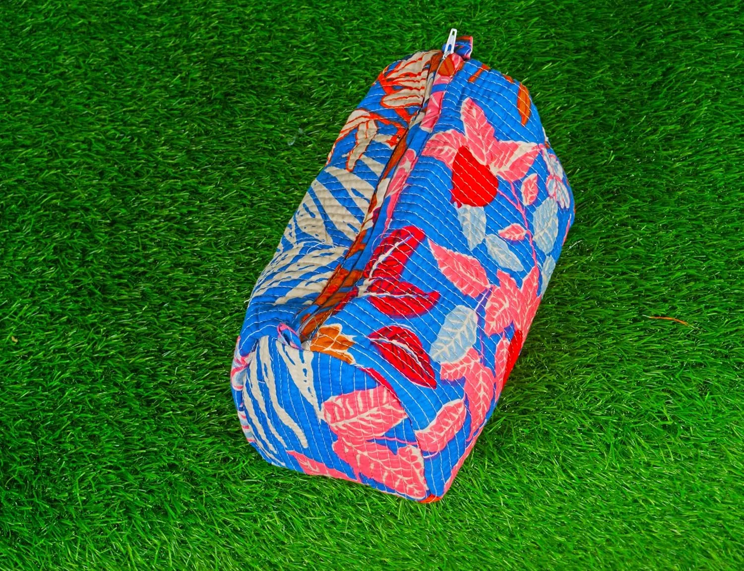 Pieces Indian Handmade Cotton Quilted Handmade Floral Hand Block Print Toiletry Bag,Cosmetic Pouch Bag Makeup Bag For Women (1, Blue Printed), 85485
