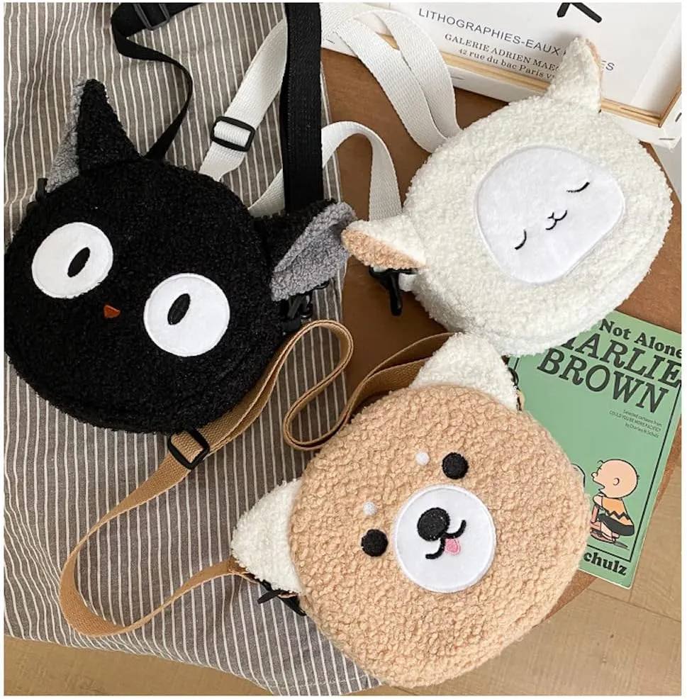 Plushie Crossbody Bag Japanese Kawaii Cat Shoulder Purse Stuffed Handbag Fluffy Lamb Like Black Shoulder Bags