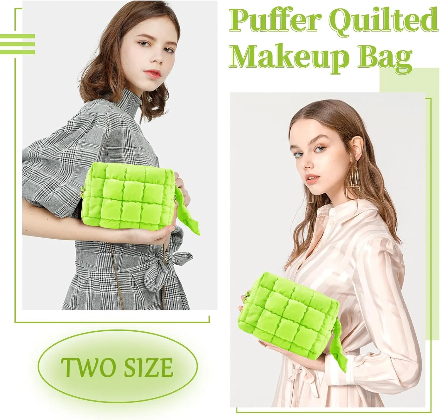 Puffer Quilted Makeup Bag Cosmetic Bags,Puffy Travel Toiletry Pouch for Women,Cute Checkered Zipper Bag Travel Essential,Portable Aesthetic Make up Organizer Bag for Gifts Work Daily(LightGreen,S)
