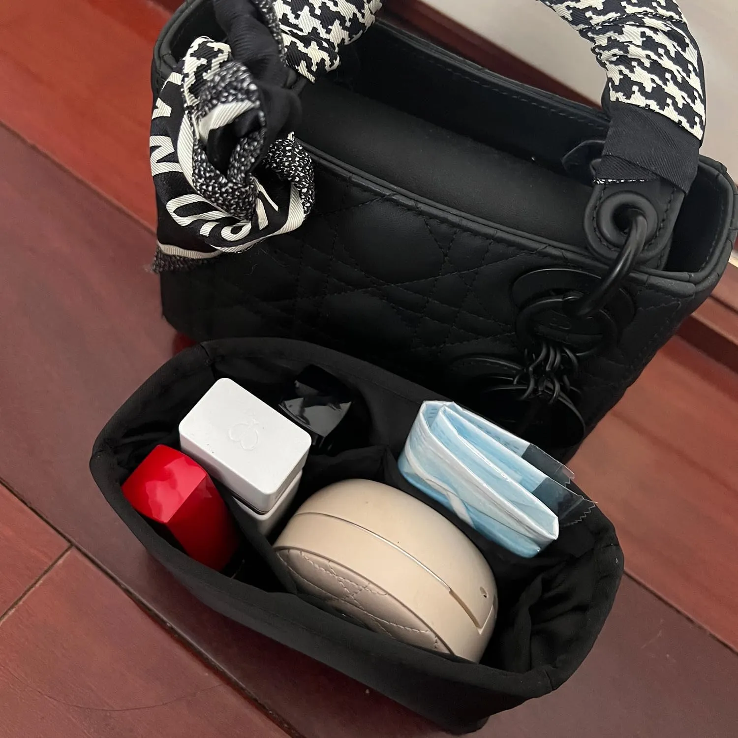 Purse Insert Organizer for Lady-Dior Purse, Soft-touch Bag Insert, Inner Bags with Multiple Pockets for Storage (Small, Black)
