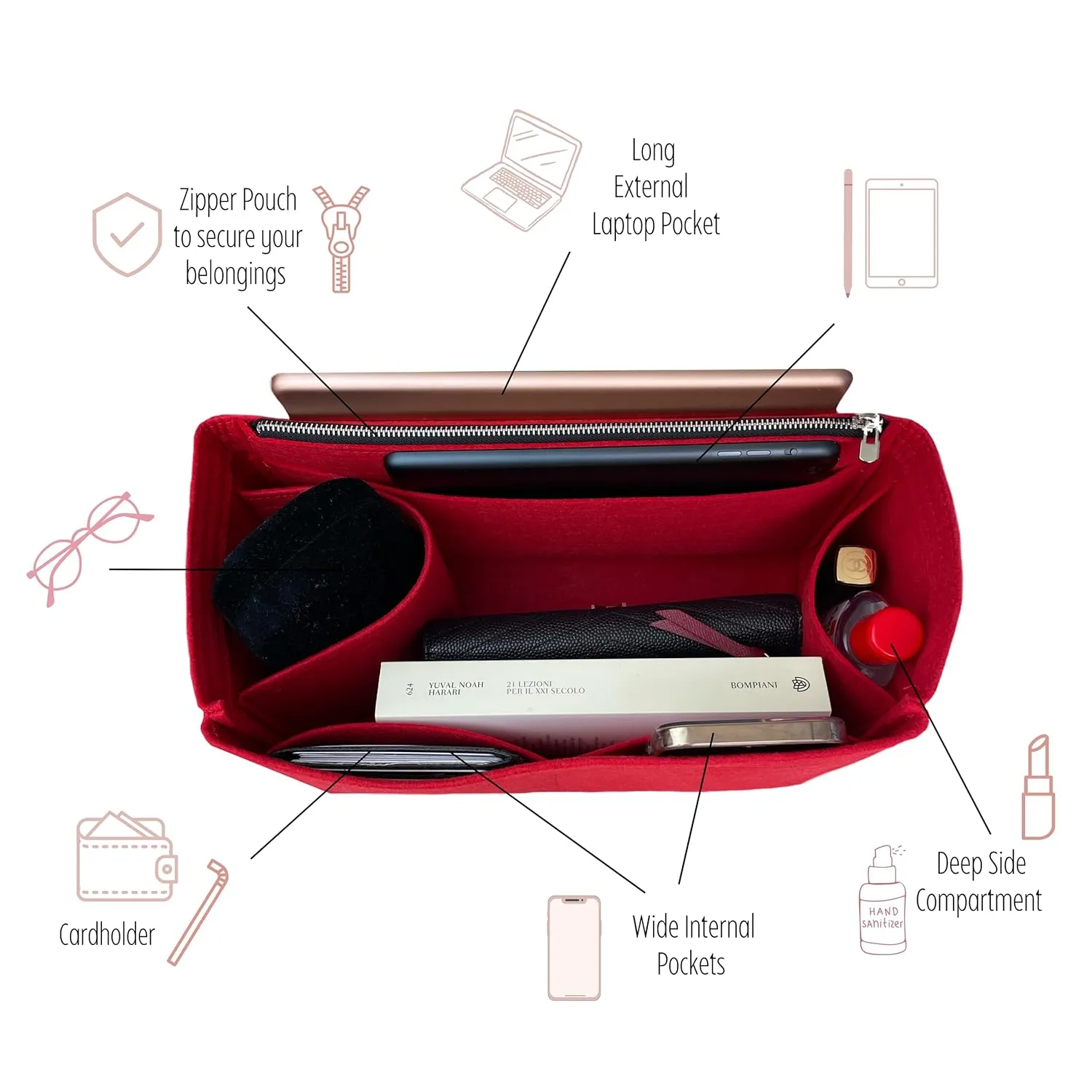 Purse Organizer compatible with Telf** Bag, Large Organizer Medium Cup Holder, Handmade 2mm Premium Felt Insert with Silver Zipper, Snug Sturdy Fit (For Telfa* Medium Shopping Bag, Tea)