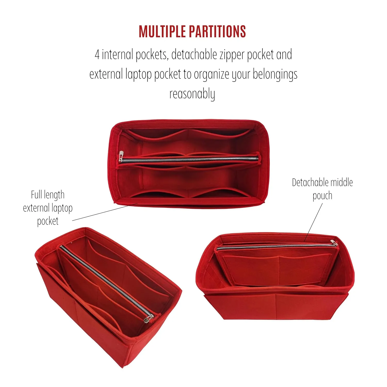 Purse Organizer for Cabata Purse Insert, Cabata Tote Organizer, Handmade 2mm Premium Felt Snug Sturdy Silver Zipper (For Large Cabata, Red)