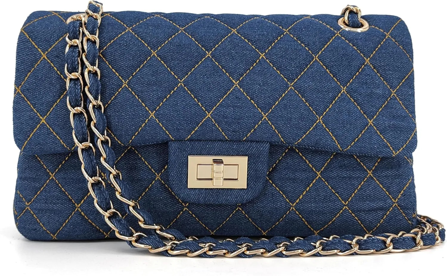 Quilted Denim Crossbody Bags for Women, Chain Strap Shoulder Bags, Classic Medium Double Flap Purse, Gold Hardware Jean Purse