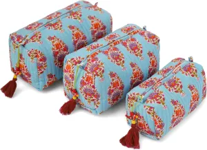 Quilted Floral Makeup Bag Set – Kashmir Pattern 3 Sizes, Waterproof Lining, Make Up Travel Cosmetic & Toiletry Bags For Traveling Women