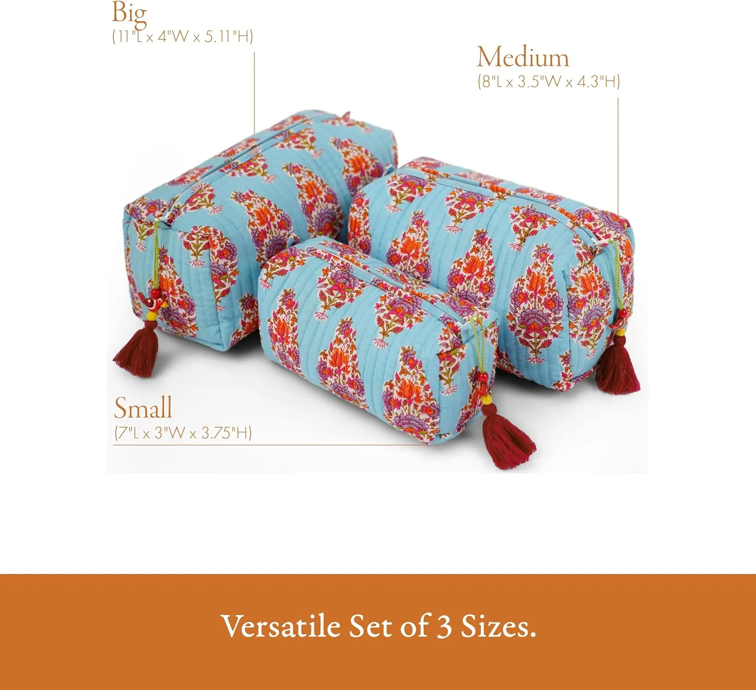 Quilted Floral Makeup Bag Set – Kashmir Pattern 3 Sizes, Waterproof Lining, Make Up Travel Cosmetic & Toiletry Bags For Traveling Women
