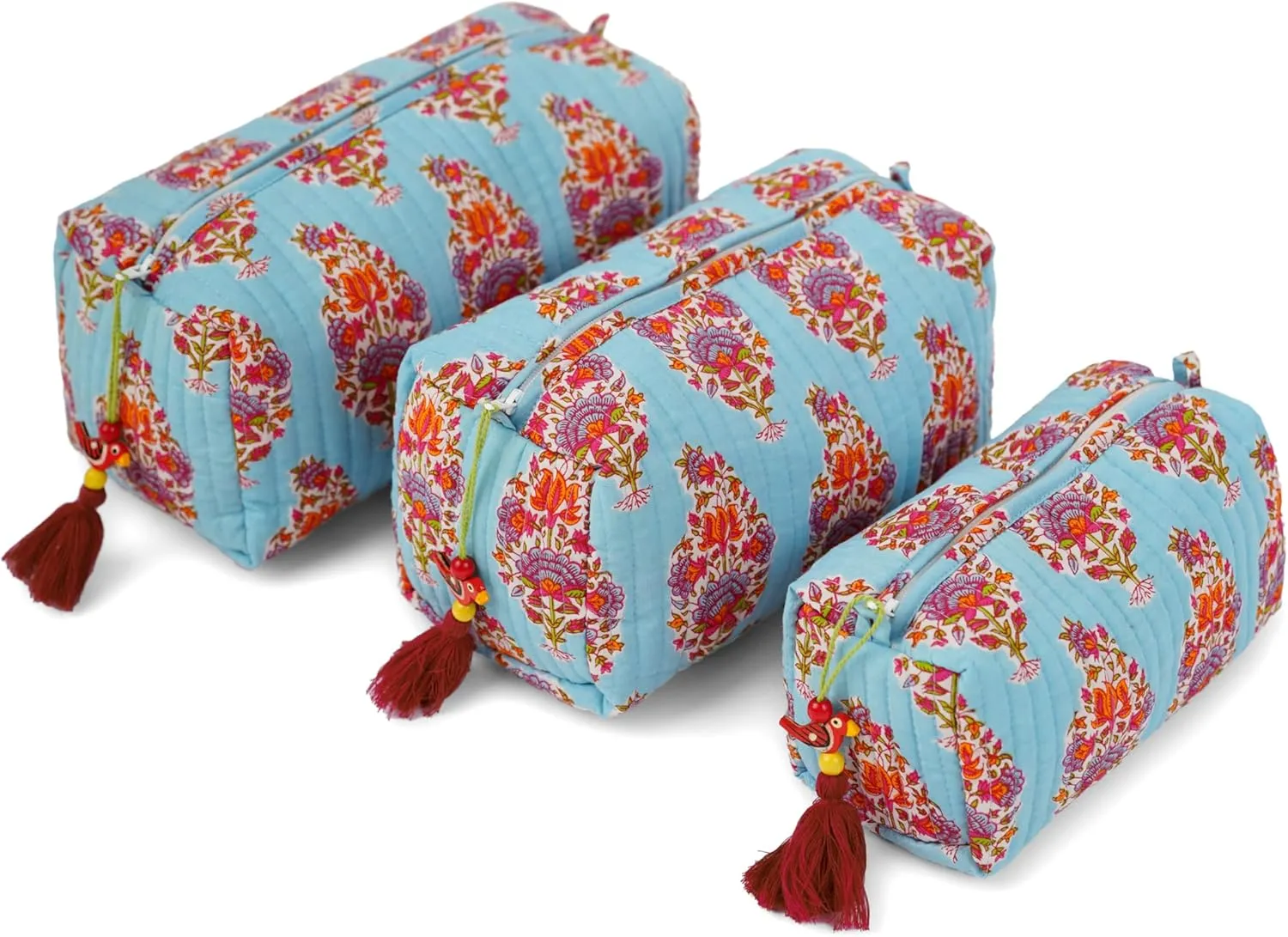 Quilted Floral Makeup Bag Set – Kashmir Pattern 3 Sizes, Waterproof Lining, Make Up Travel Cosmetic & Toiletry Bags For Traveling Women