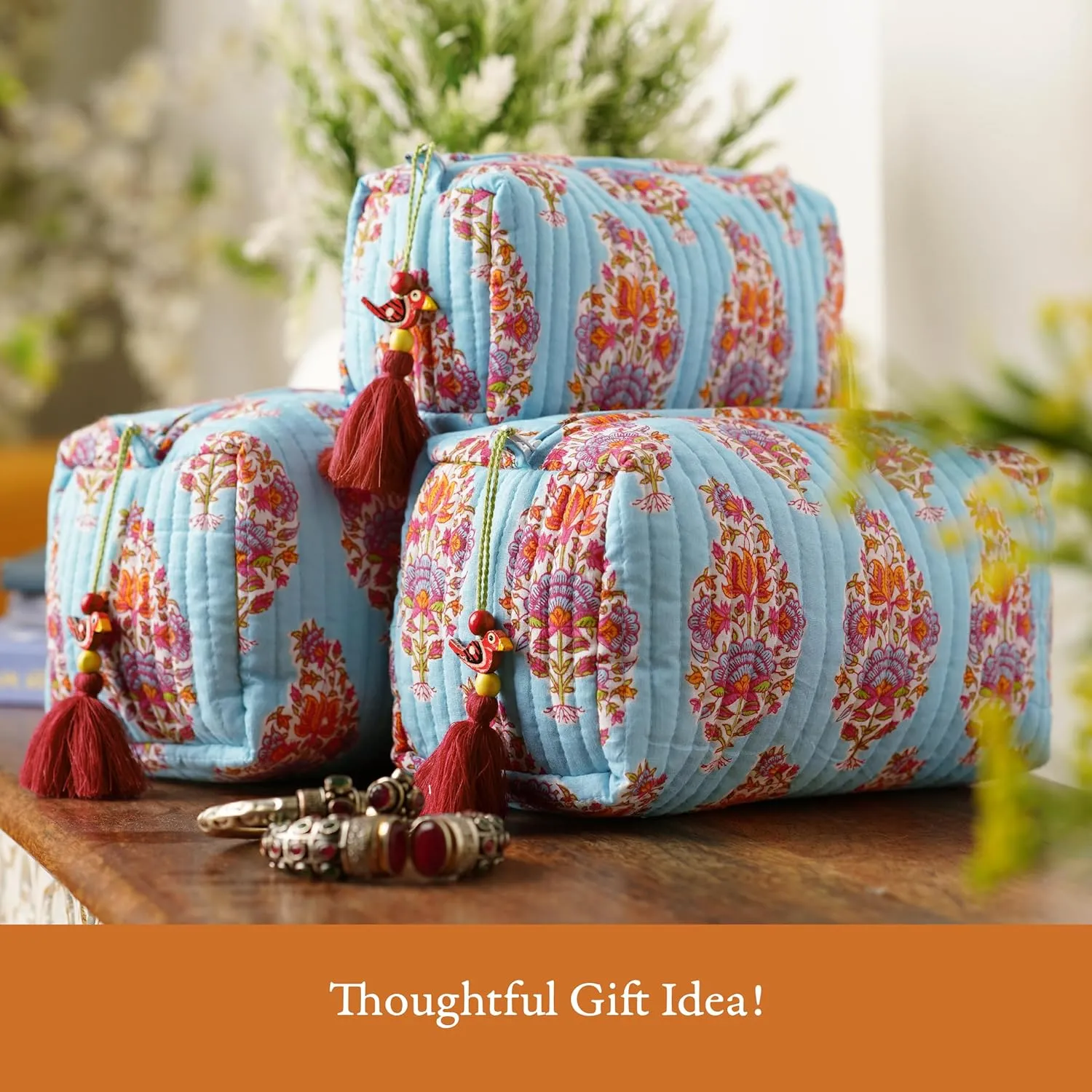 Quilted Floral Makeup Bag Set – Kashmir Pattern 3 Sizes, Waterproof Lining, Make Up Travel Cosmetic & Toiletry Bags For Traveling Women
