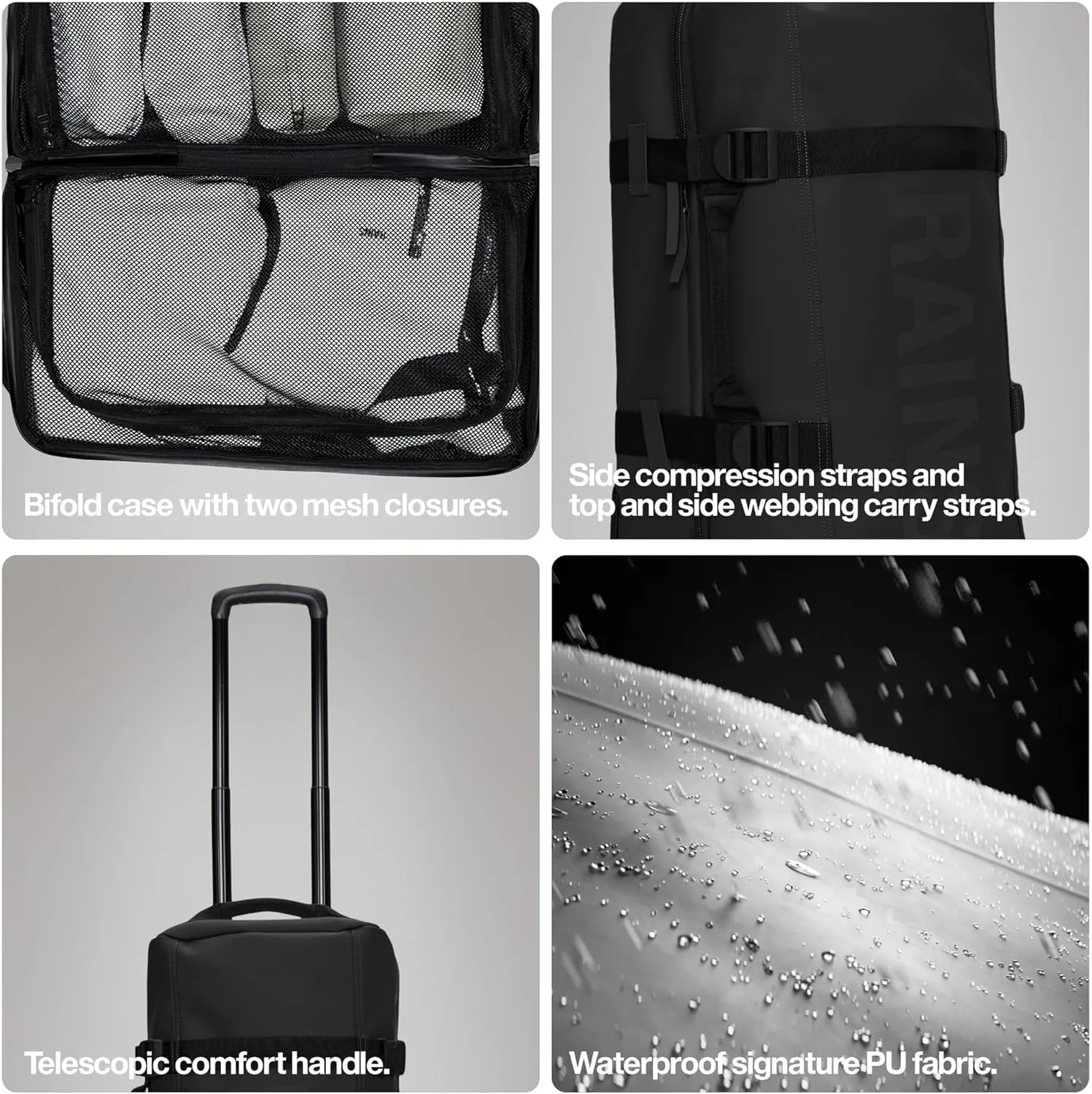 RAINS Texel Cabin Bag - Grey Waterproof Travel Bag Men & Women - Lightweight Suitcase with Coated Tonal Zip Closure and Bifold Case with Two Mesh Closures - 2 Year Warranty