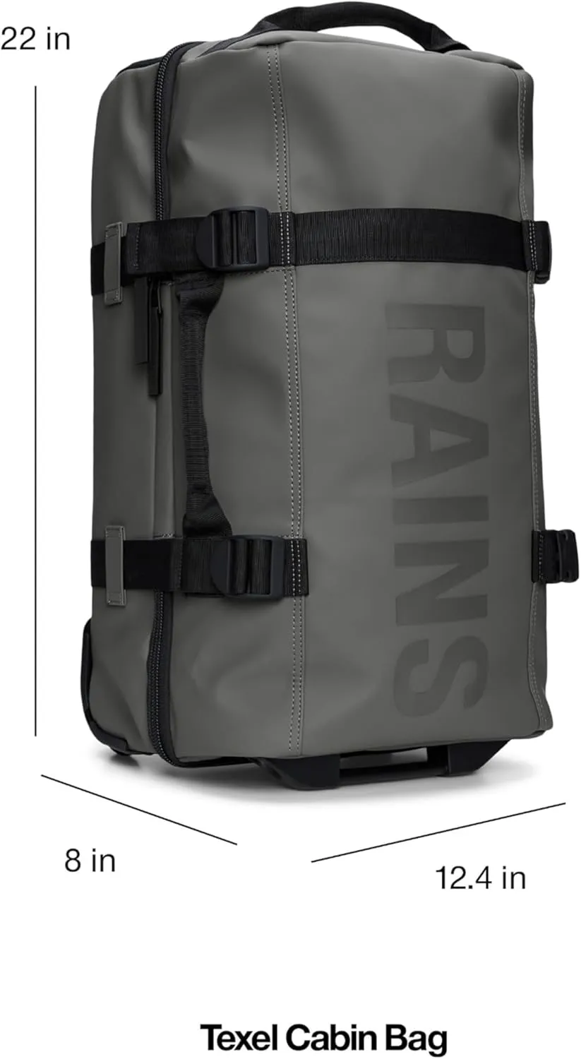 RAINS Texel Cabin Bag - Grey Waterproof Travel Bag Men & Women - Lightweight Suitcase with Coated Tonal Zip Closure and Bifold Case with Two Mesh Closures - 2 Year Warranty
