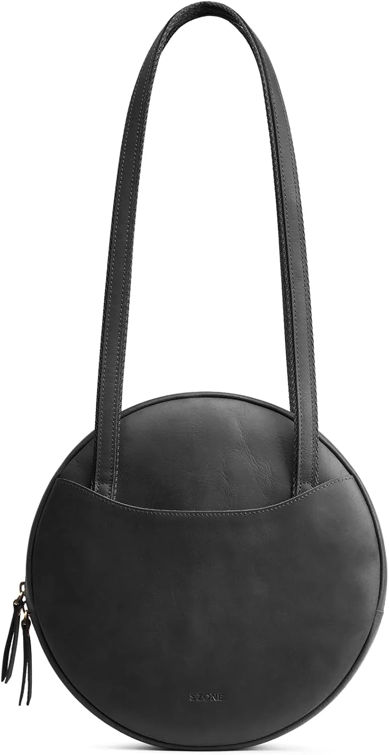 S-ZONE Large Leather Shoulder Bags for Women Circle Trendy Hobo Bag Round Purses Designer Handbag