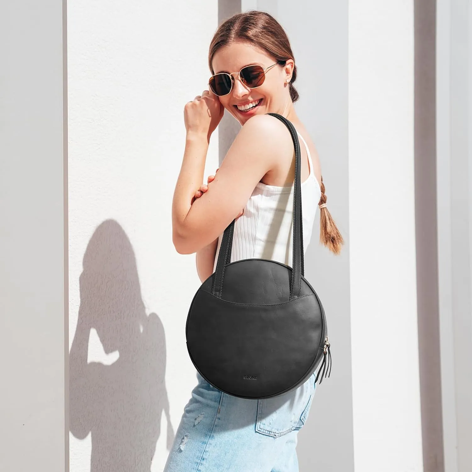 S-ZONE Large Leather Shoulder Bags for Women Circle Trendy Hobo Bag Round Purses Designer Handbag