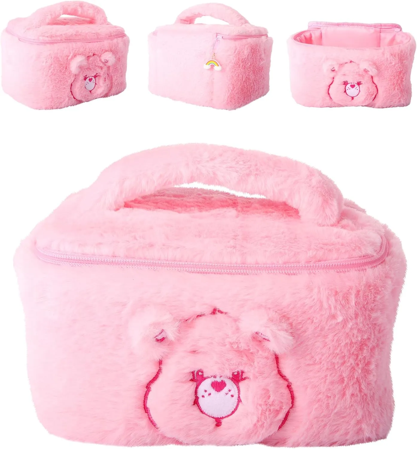 SALLY ROSE Care Bears Fluffy Pink Make Up Bag Official License, Plush Cheer Bear Cosmetic Bag with Zip and Handle, Cute Makeup Bag