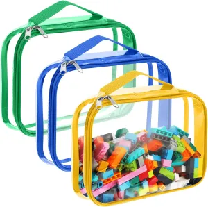 Sanwuta 3 Packs Toy Storage Bags with Zipper, Clear PVC Organizing Waterproof Toy Bags for Board Games, Building Blocks, and Kids Books(10.24 x 7.09 x 2.36 Inch,Blue, Yellow, Green)