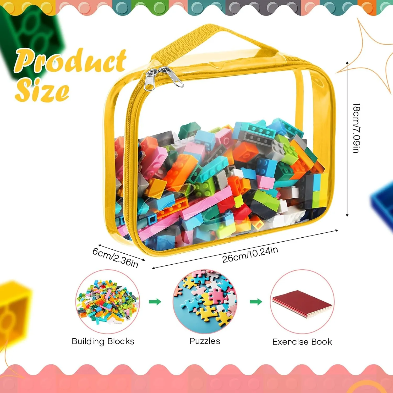 Sanwuta 3 Packs Toy Storage Bags with Zipper, Clear PVC Organizing Waterproof Toy Bags for Board Games, Building Blocks, and Kids Books(10.24 x 7.09 x 2.36 Inch,Blue, Yellow, Green)