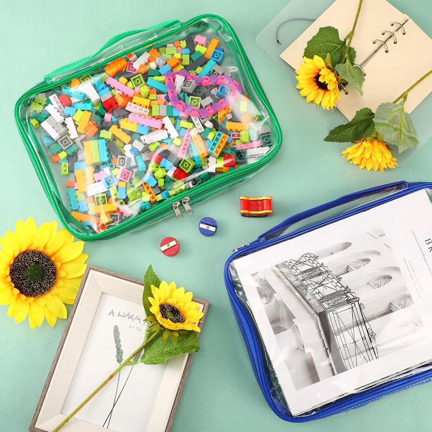 Sanwuta 3 Packs Toy Storage Bags with Zipper, Clear PVC Organizing Waterproof Toy Bags for Board Games, Building Blocks, and Kids Books(10.24 x 7.09 x 2.36 Inch,Blue, Yellow, Green)