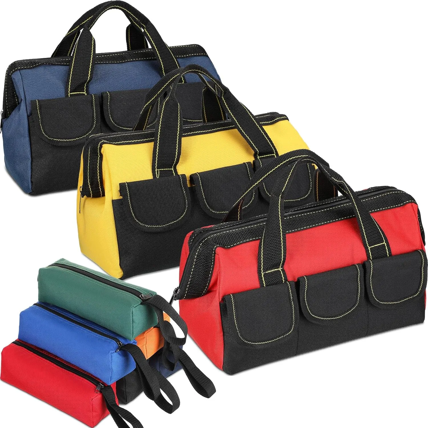 Sanwuta 9 Pcs Tool Bag for Men 3 Heavy Duty Wide Mouth Tool Bags and 6 Small Waterproof Pouch Tote for Electrician Carpenter Mechanic Father's Day Christmas Gifts(16 Inch,Blue Red Yellow)