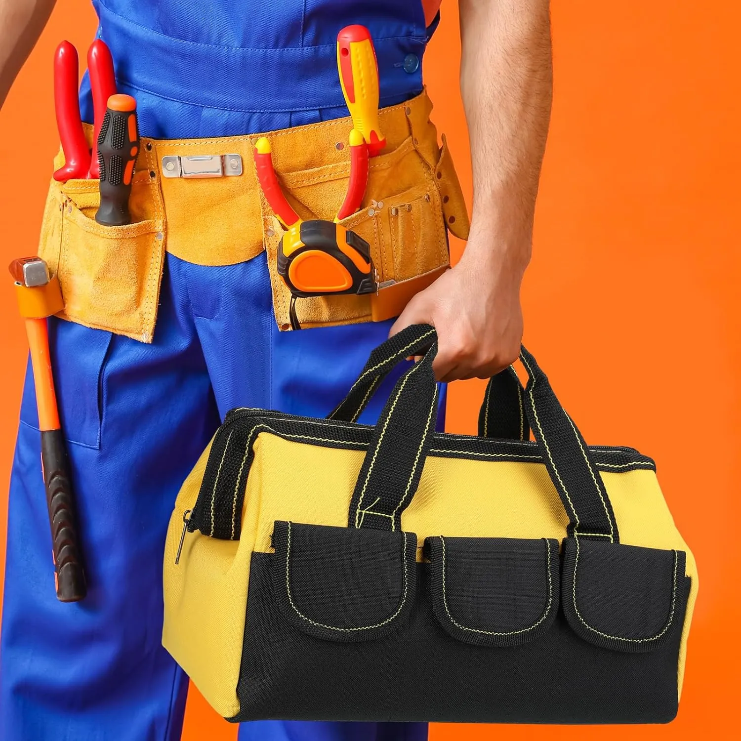 Sanwuta 9 Pcs Tool Bag for Men 3 Heavy Duty Wide Mouth Tool Bags and 6 Small Waterproof Pouch Tote for Electrician Carpenter Mechanic Father's Day Christmas Gifts(16 Inch,Blue Red Yellow)