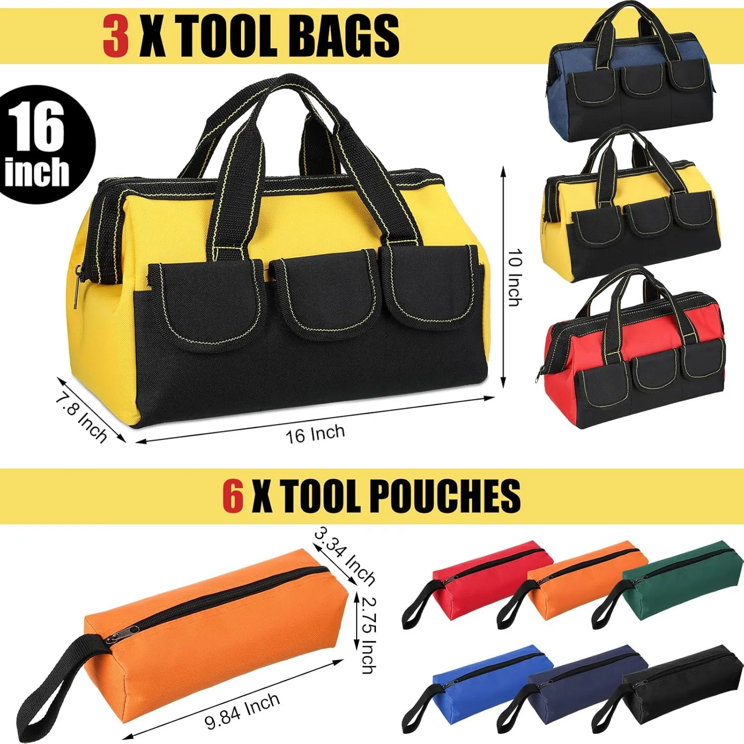 Sanwuta 9 Pcs Tool Bag for Men 3 Heavy Duty Wide Mouth Tool Bags and 6 Small Waterproof Pouch Tote for Electrician Carpenter Mechanic Father's Day Christmas Gifts(16 Inch,Blue Red Yellow)