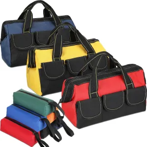 Sanwuta 9 Pcs Tool Bag for Men 3 Heavy Duty Wide Mouth Tool Bags and 6 Small Waterproof Pouch Tote for Electrician Carpenter Mechanic Father's Day Christmas Gifts(16 Inch,Blue Red Yellow)