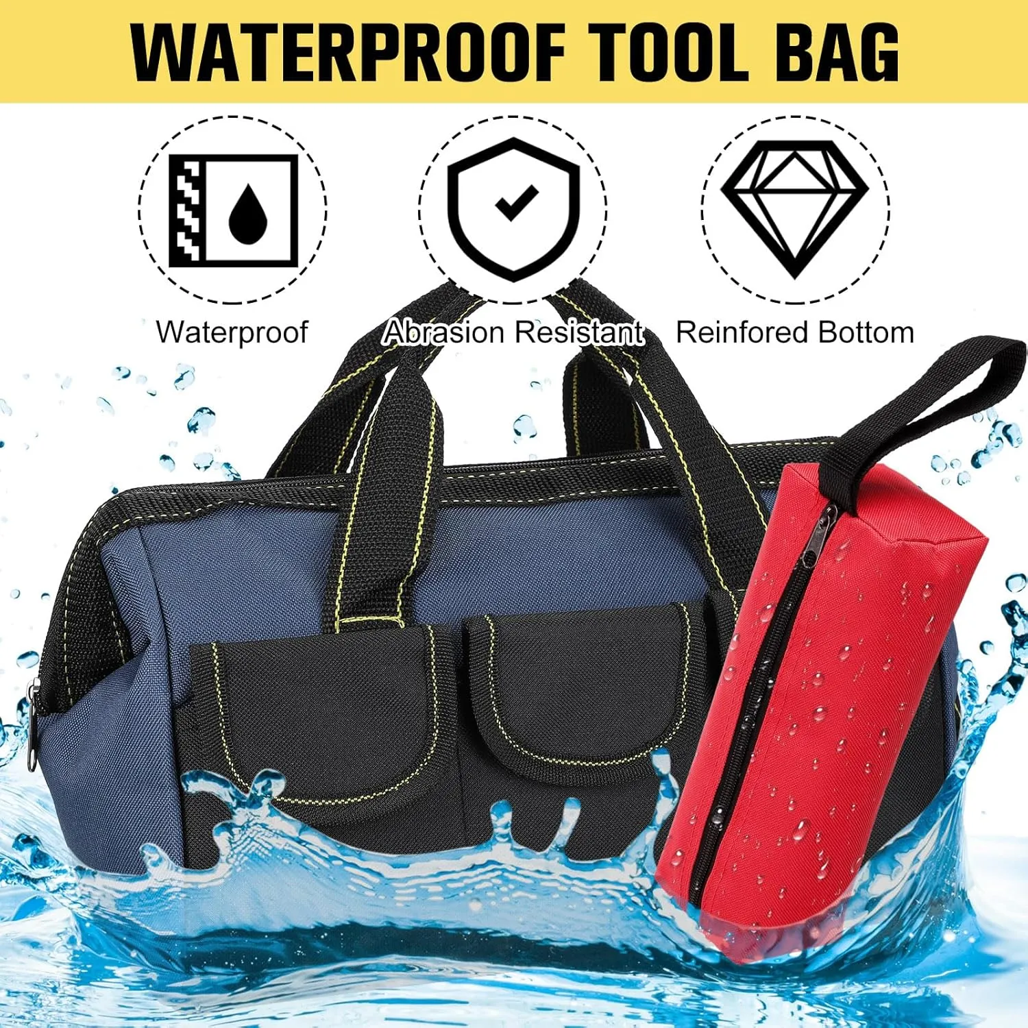 Sanwuta 9 Pcs Tool Bag for Men 3 Heavy Duty Wide Mouth Tool Bags and 6 Small Waterproof Pouch Tote for Electrician Carpenter Mechanic Father's Day Christmas Gifts(16 Inch,Blue Red Yellow)