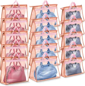 Shappy 15 Pieces Dust Cover Organizer Bags for Handbags, 3 Sizes Clear Handbag Storage Bag Purse Storage with Zipper and Handles Dust Bags for Purses Handbags Closet, 5 Each Size (Pink)