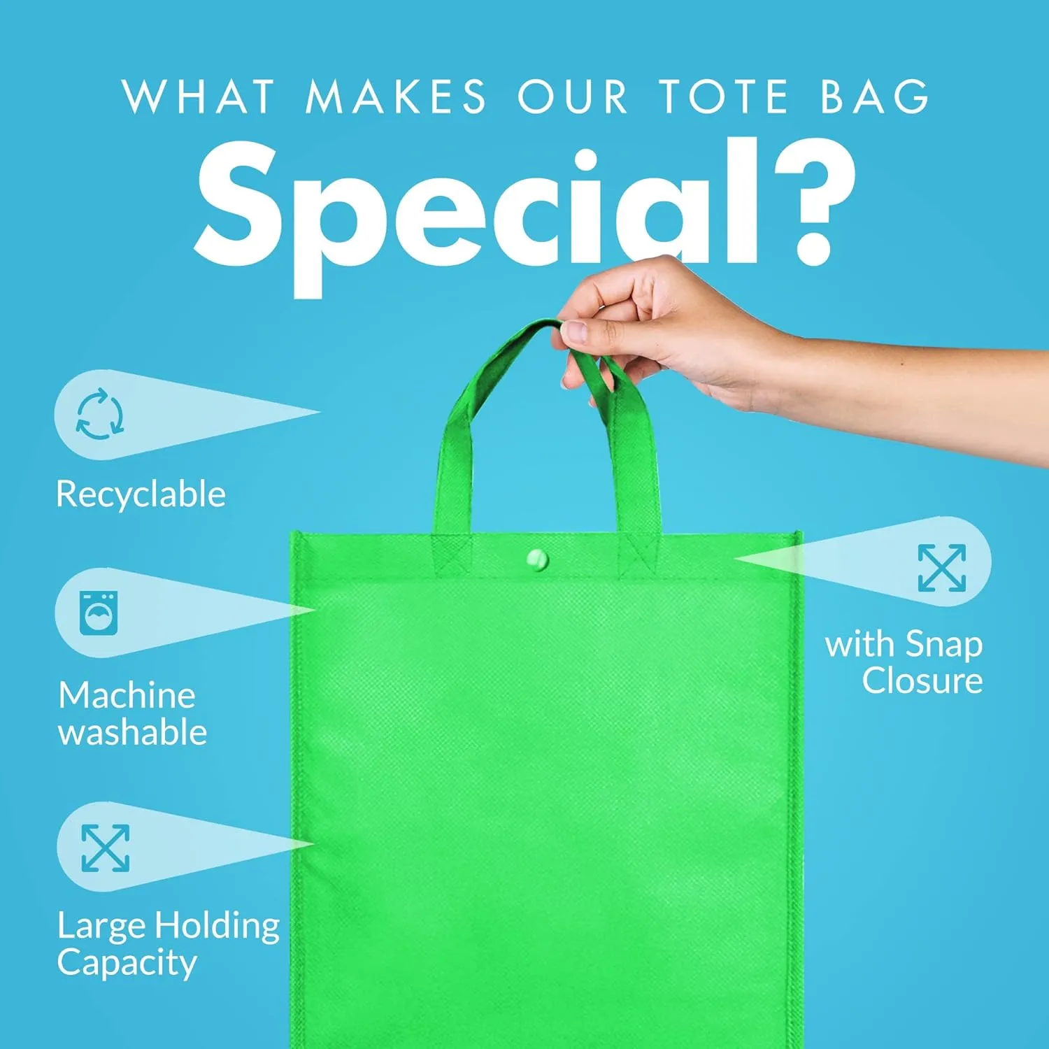 Simply Green Solutions - Reusable Grocery Bags, Durable Large Tote Bags, Shopping Bags for Groceries, Utility Tote, Reusable Gift Bags With Handles, 14 x 16.5 x 6, Pack of 10, Kelly Green