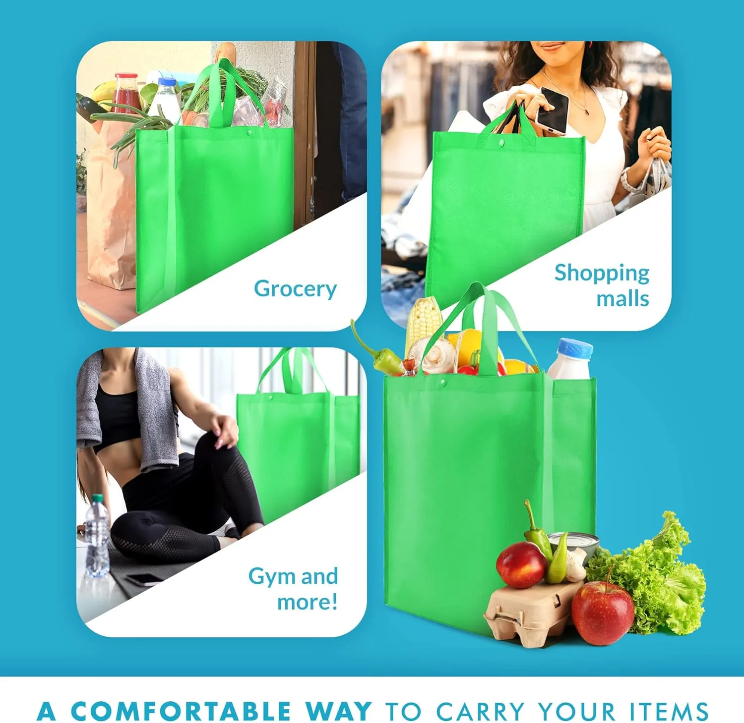 Simply Green Solutions - Reusable Grocery Bags, Durable Large Tote Bags, Shopping Bags for Groceries, Utility Tote, Reusable Gift Bags With Handles, 14 x 16.5 x 6, Pack of 10, Kelly Green