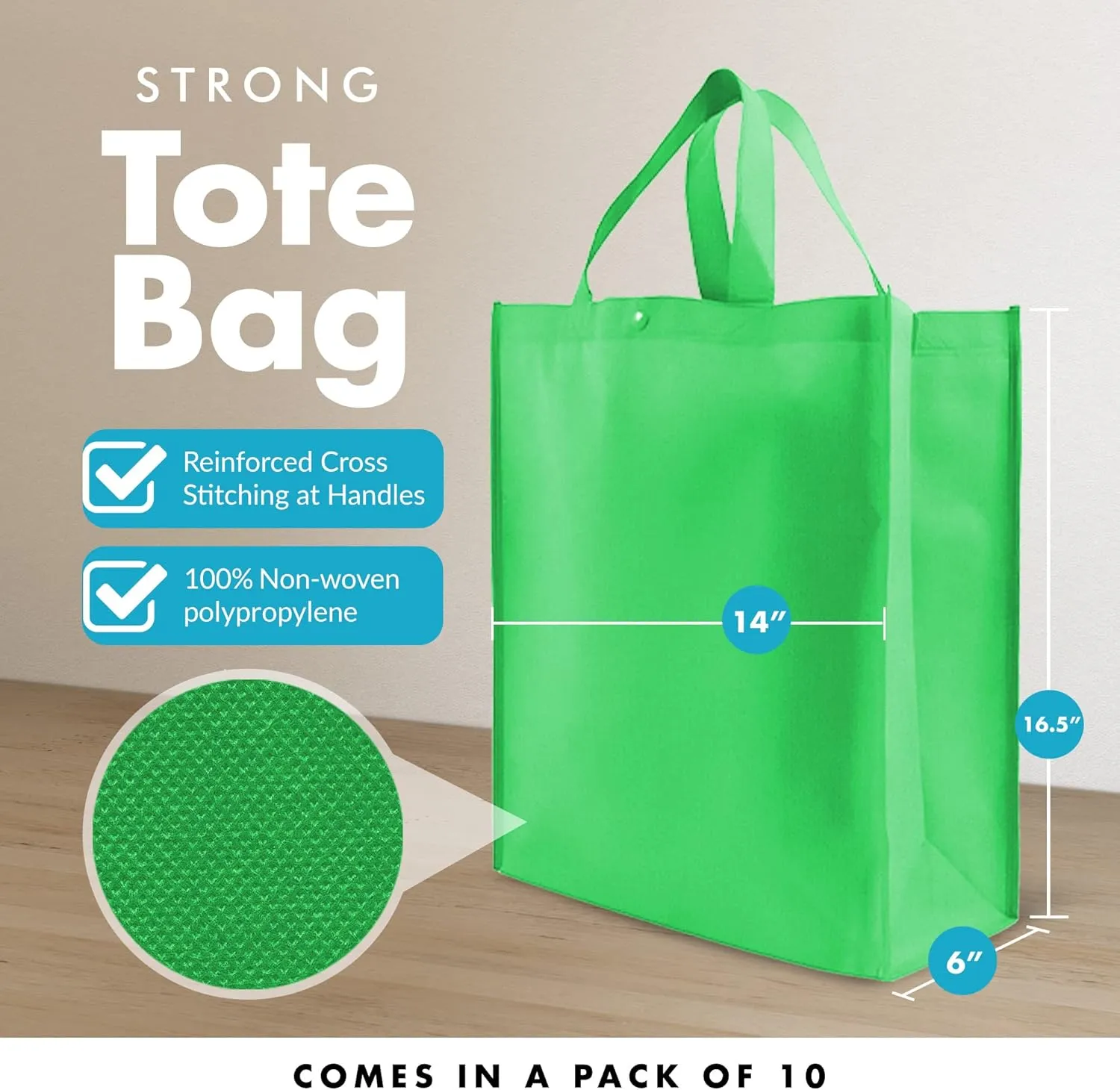 Simply Green Solutions - Reusable Grocery Bags, Durable Large Tote Bags, Shopping Bags for Groceries, Utility Tote, Reusable Gift Bags With Handles, 14 x 16.5 x 6, Pack of 10, Kelly Green