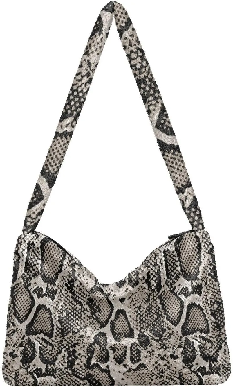 Snake Skin Gray Shoulder Tote Bags for Women Furry Crossbody bag with Zipper Hobo Handbag Purses for Teen Girls University