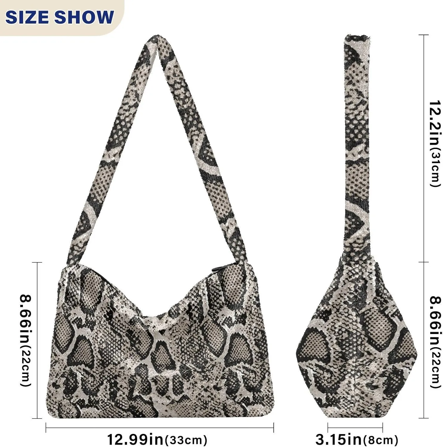 Snake Skin Gray Shoulder Tote Bags for Women Furry Crossbody bag with Zipper Hobo Handbag Purses for Teen Girls University