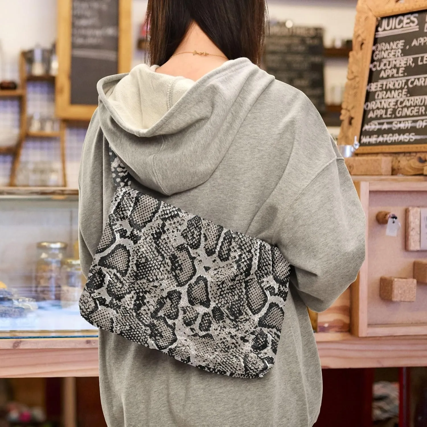 Snake Skin Gray Shoulder Tote Bags for Women Furry Crossbody bag with Zipper Hobo Handbag Purses for Teen Girls University