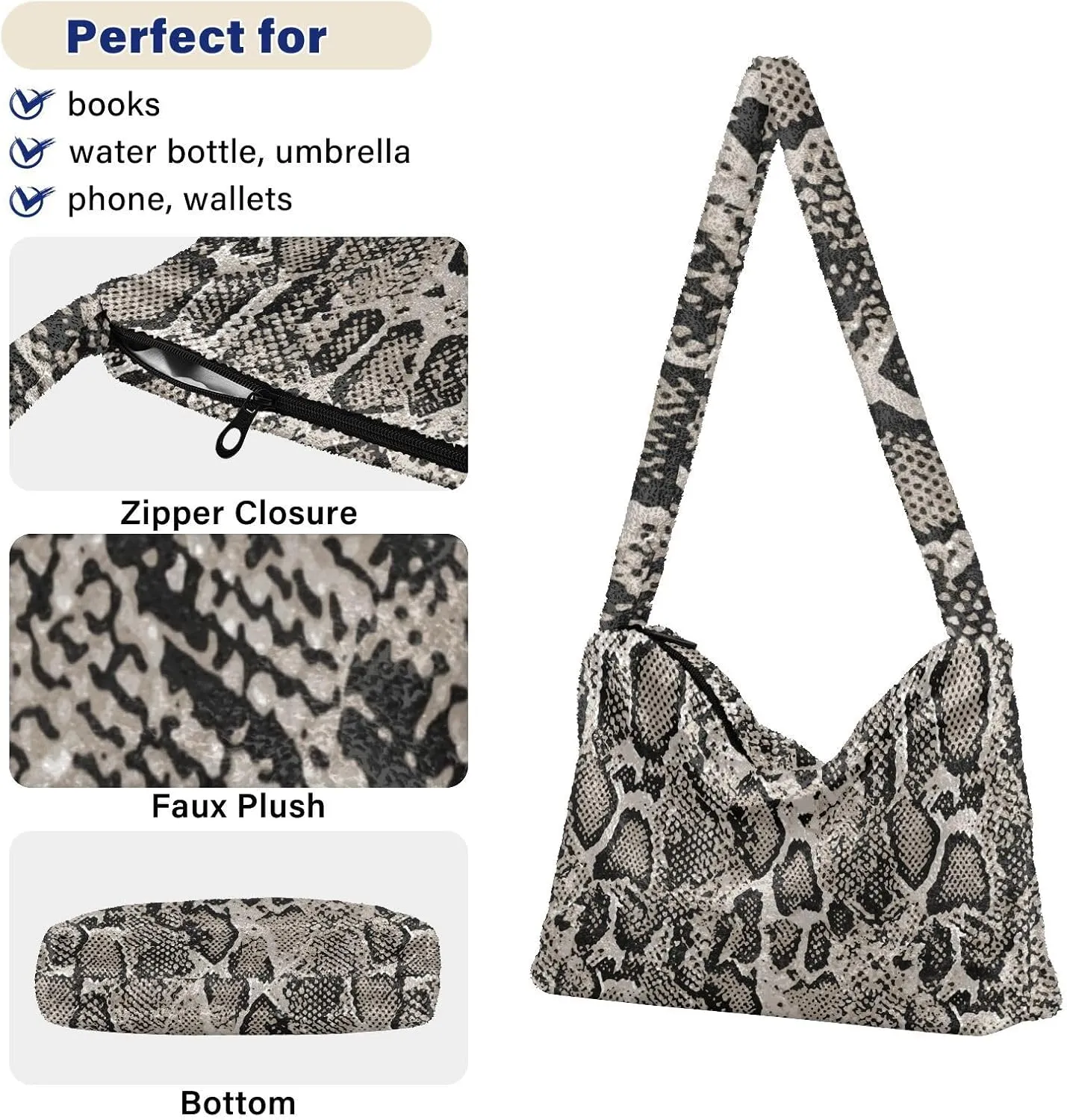 Snake Skin Gray Shoulder Tote Bags for Women Furry Crossbody bag with Zipper Hobo Handbag Purses for Teen Girls University
