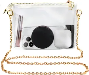 SourceTon Stadium Approved Clear Crossbody Bag for Women - Transparent Purse with Gold Chain, Waterproof Concert Bag for Sporting Events, Music Festivals (20x13x2cm, 120cm Chain)