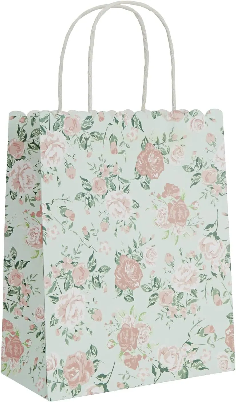 Sparkle and Bash 24 Pack Floral Gift Bags with Handles, Rose Paper Bags for Birthday, Wedding, Bridal Shower, Baby Showers - Rose Flower Print, Green (8 x4x10 In)