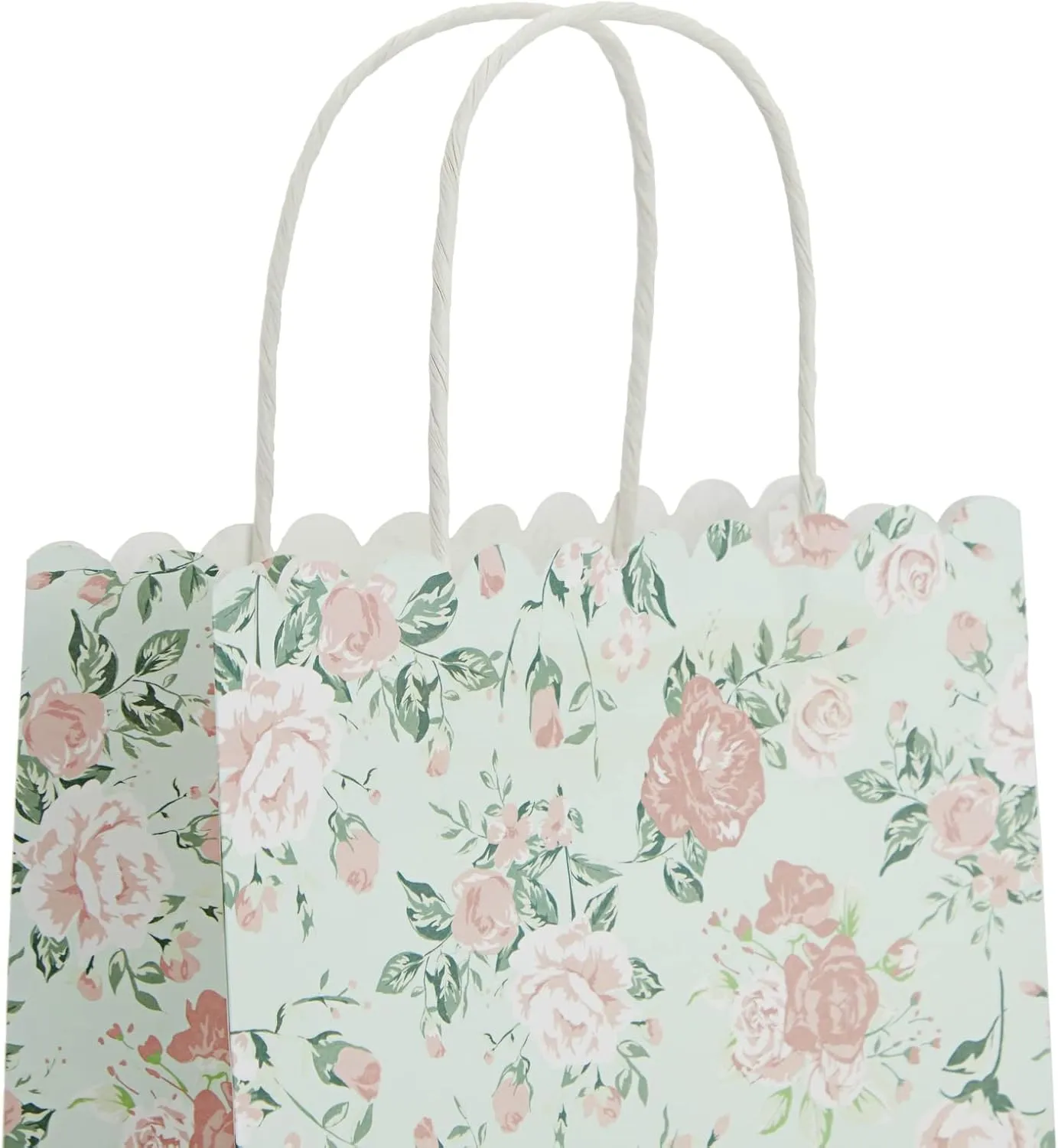 Sparkle and Bash 24 Pack Floral Gift Bags with Handles, Rose Paper Bags for Birthday, Wedding, Bridal Shower, Baby Showers - Rose Flower Print, Green (8 x4x10 In)
