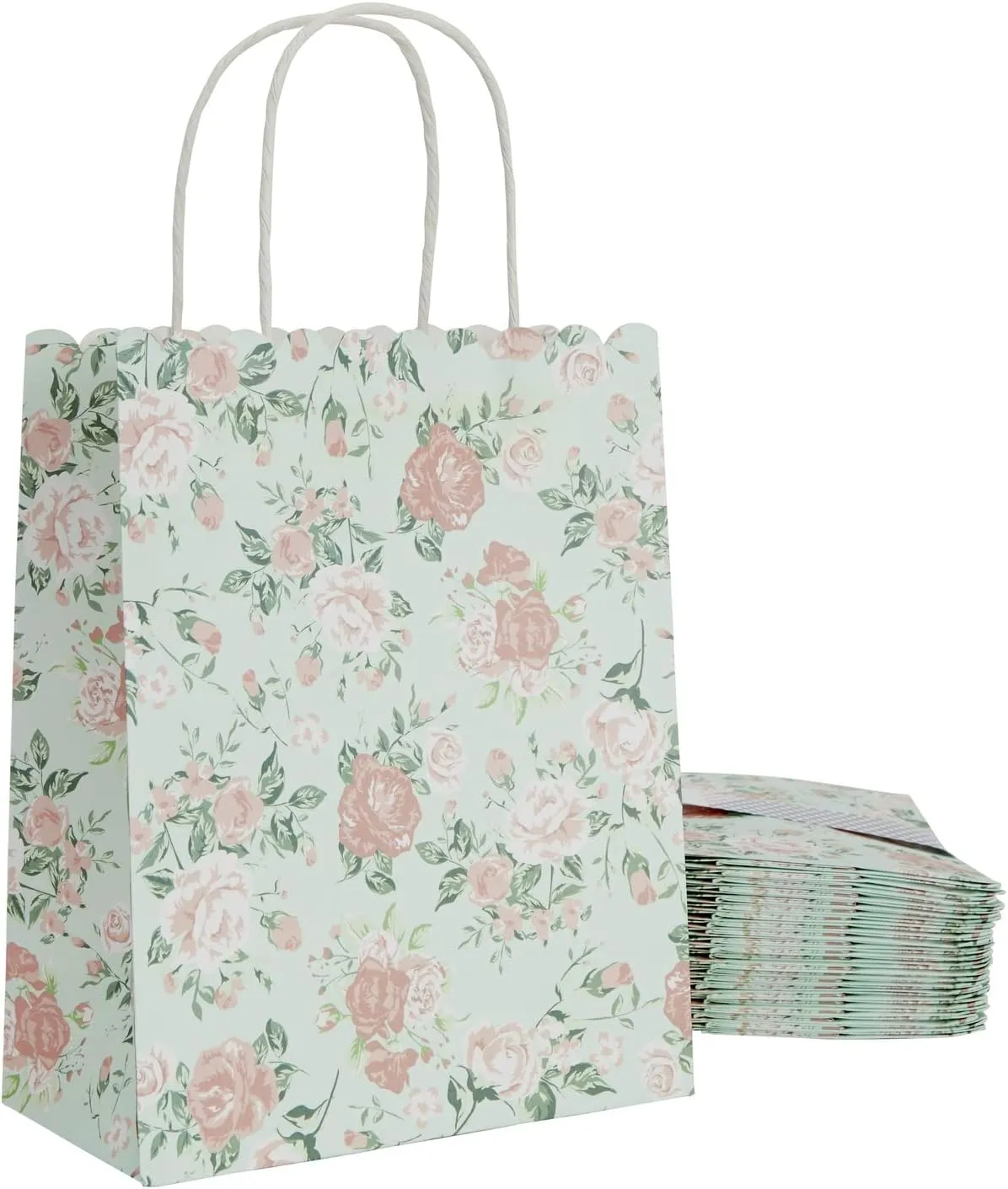 Sparkle and Bash 24 Pack Floral Gift Bags with Handles, Rose Paper Bags for Birthday, Wedding, Bridal Shower, Baby Showers - Rose Flower Print, Green (8 x4x10 In)