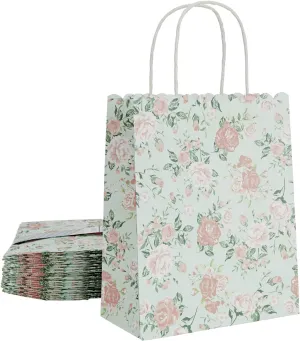 Sparkle and Bash 24 Pack Floral Gift Bags with Handles, Rose Paper Bags for Birthday, Wedding, Bridal Shower, Baby Showers - Rose Flower Print, Green (8 x4x10 In)