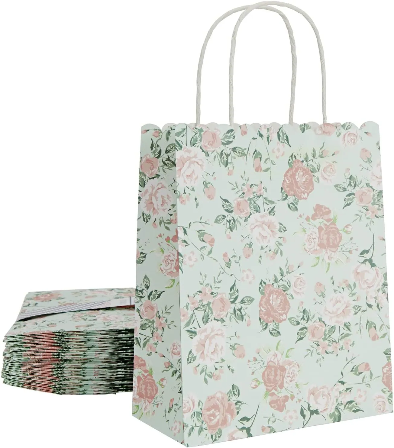 Sparkle and Bash 24 Pack Floral Gift Bags with Handles, Rose Paper Bags for Birthday, Wedding, Bridal Shower, Baby Showers - Rose Flower Print, Green (8 x4x10 In)