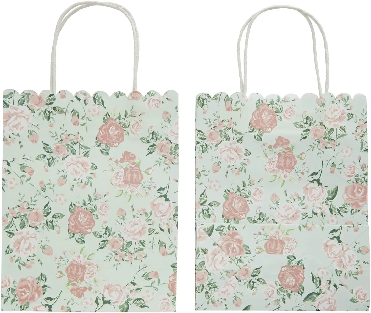 Sparkle and Bash 24 Pack Floral Gift Bags with Handles, Rose Paper Bags for Birthday, Wedding, Bridal Shower, Baby Showers - Rose Flower Print, Green (8 x4x10 In)
