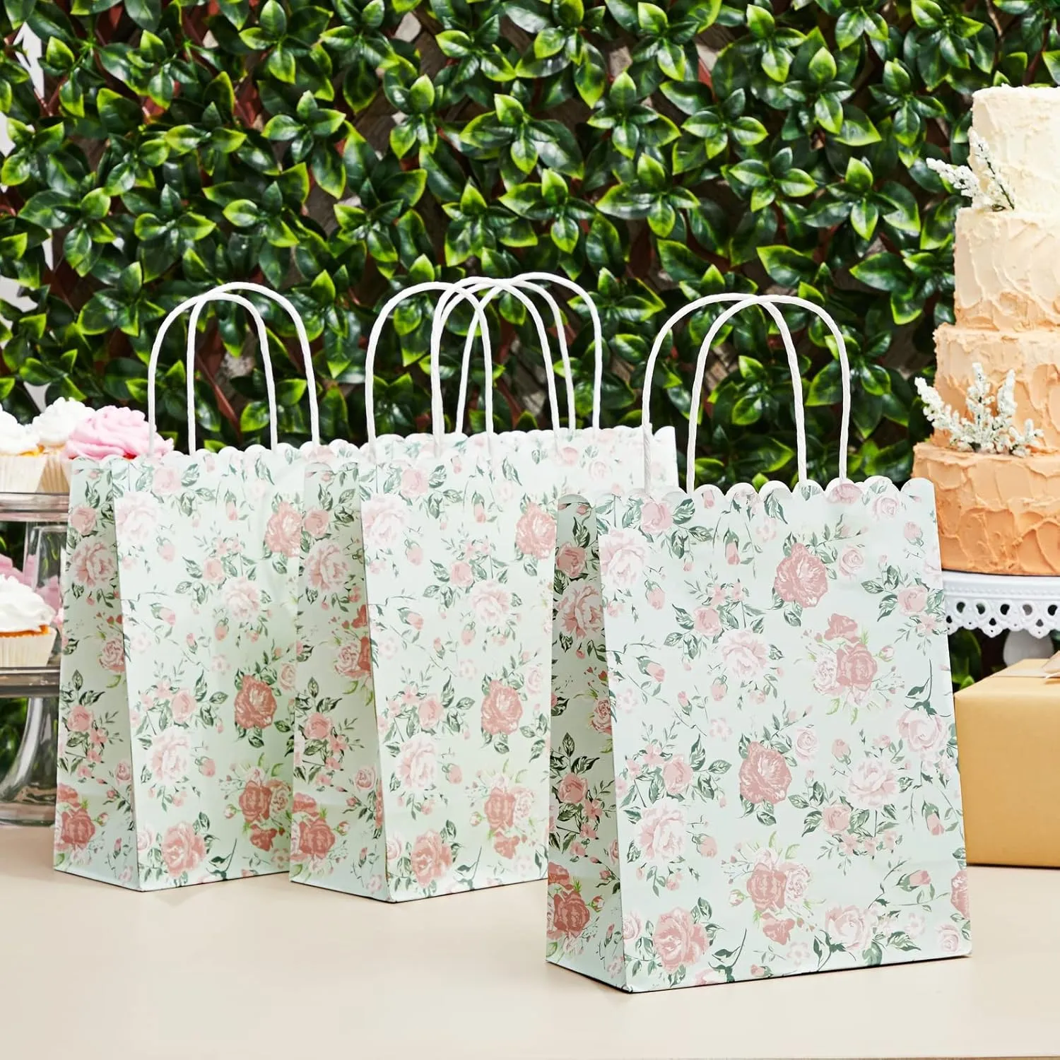 Sparkle and Bash 24 Pack Floral Gift Bags with Handles, Rose Paper Bags for Birthday, Wedding, Bridal Shower, Baby Showers - Rose Flower Print, Green (8 x4x10 In)