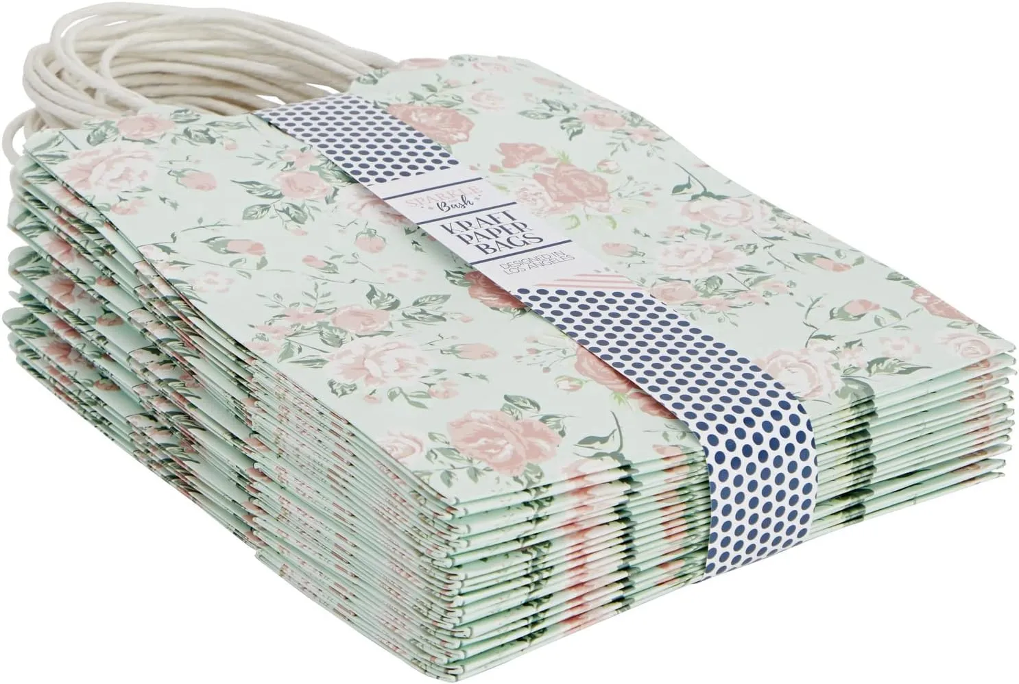 Sparkle and Bash 24 Pack Floral Gift Bags with Handles, Rose Paper Bags for Birthday, Wedding, Bridal Shower, Baby Showers - Rose Flower Print, Green (8 x4x10 In)