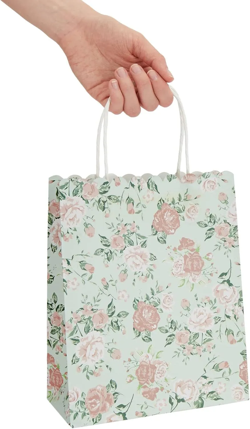 Sparkle and Bash 24 Pack Floral Gift Bags with Handles, Rose Paper Bags for Birthday, Wedding, Bridal Shower, Baby Showers - Rose Flower Print, Green (8 x4x10 In)