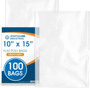 Spartan Industrial - 10” X 15” (100 Count) 2 Mil Heavy Duty Flat Open End Clear Plastic Poly Bags - For Magazine Sleeves, Packaging Clothes, Artwork (Bags DO NOT Have Seal & DO NOT Have Prints)